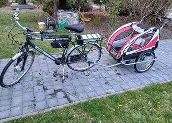 Solidny Męski Rower Elektryczny. Manetka gazu. Przyczepka rowerowa Riksza