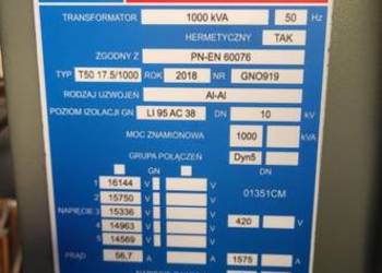 sprzedam transformator olejowy 1000 kVA 15/0,4 hermetyczny
