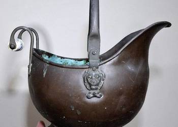 Antyczna węglarka miedziana lwie głowy ceramika delft vintage