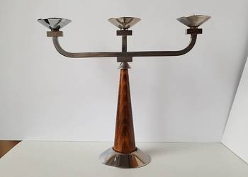 Trójramienny świecznik w stylu art deco, drewno, metal