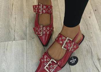 (42) WideFit) Czerwone, Zdobione baleriny wieczorowe z odkrytą piętą, NOWE