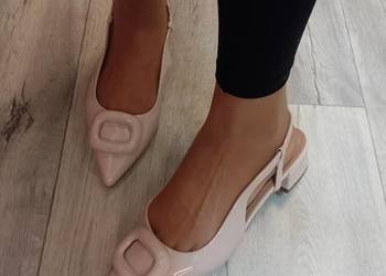 (41) Beżowe Baleriny wieczorowe z odkrytą piętą, niskie czółenka, NOWE