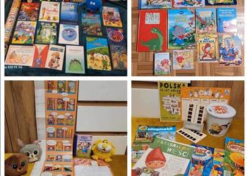 Paka książek, maskotek, kolorowanka i latawiec, miarka, gazetki