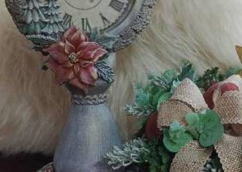 Ręcznie malowany zegar świąteczny z drewna, Rustykalna zimowa dekoracja ,