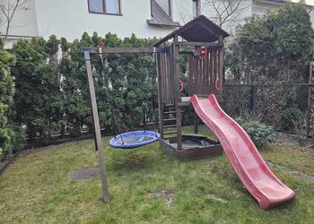 Plac zabaw drewniany, domek, zjeżdżalnia, huśtawka