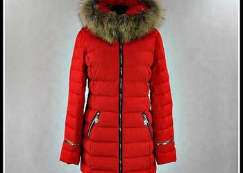 Puchowa Czerwona Kurtka Moncler Futro Nowość XS/34 Długa