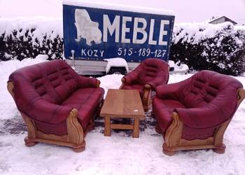 Komplet Wypoczynkowy KLER  3+2+1 i Pufa i Ława  , Dąb - Skóra Bordo