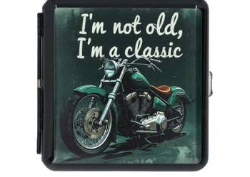 Metalowa Papierośnica z Nadrukiem Zielonego Motocykla w Stylu Retro