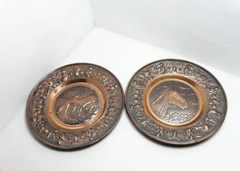 Miedziane Talerze Wiszące Koń Sarny Płaskorzeźba Vintage 37.3 cm Ozdoby