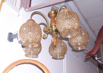 Lampa sufitowa mosiadz,szkło,drewno
