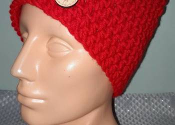 Czapka smerfetka,beanie, obłędna czerwień, handmade, szydełk