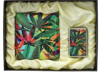 Papierośnica + Zapalniczka Benzynowa Zestaw Kolorowe Liście Marihuany