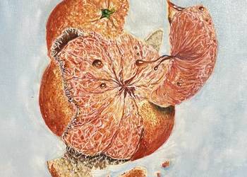 Pomarańcza w ruchu.Nowoczesny obraz olejny z pomarańczą, 30x40 cm, z ramą