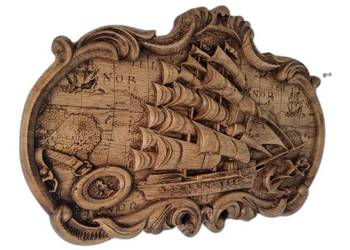 Rzeźbiony obraz z drewna Żaglowiec Mapa Świata Dekoracja Marynistyczna