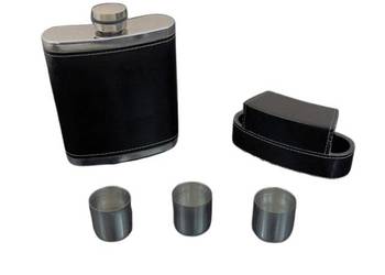 Elegancka Piersiówka 10  OZ ok. 300 ml Obszyta Skórą z Kieliszkami w Etui