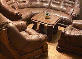 Zestaw Kler drewno dąb skóra Dębowo skórzany Komplet wypoczynkowy do salonu