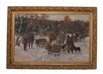 I. ZYGMUNTOWICZ - Wyprawa Na Polowanie - Zima - Stary Obraz Olejny