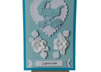 Zaproszenia Chrzest Wózek W Sercu C6 Błękit - Biel