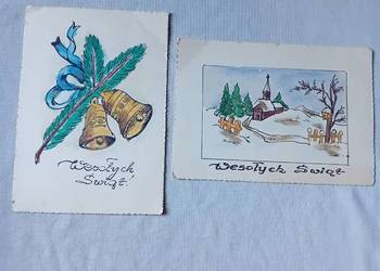 Dwie ręcznie malowane pocztówki bożonarodzeniowe, lata 60-e / 70-e.