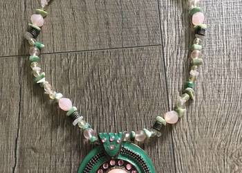 Nowy piękny naszyjnik kolia duży wisiorek bogaty zieleń róż