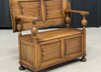 Dębowa ławka ze skrzynią 2w1 / stolik, styl eklektyczny, międzywojnie