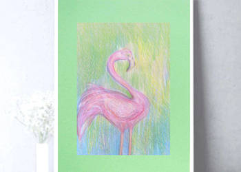 flaming rysunek A3, różowo zielony obraz 30x40, pastelowy