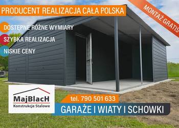 Ładny Garaż Blaszany GRAFITOWY z zadaszeniem bocznym -Maj-Blach