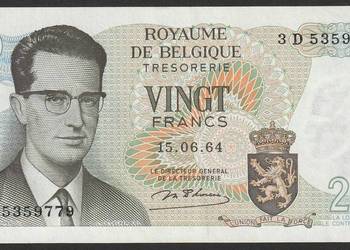 BELGIA 20 FRANKÓW 1964 - BALDWIN - STAN BANKOWY UNC -