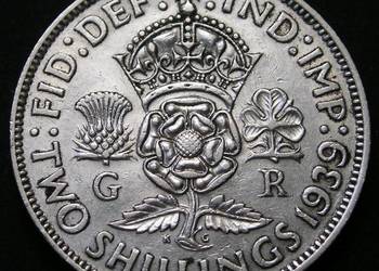WIELKA BRYTANIA 2 SHILLING 1939 - KRÓL JERZY VI - SREBRO