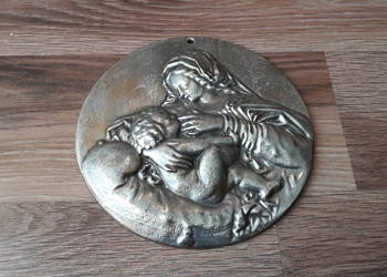 Stara plakieta Matka Boska z dzieciątkiem ryngraf mosiądz