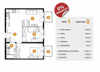 Oferta sprzedaży mieszkania 56.47m2 3 pokoje Kraków Na Błonie