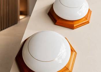 2x lampa sufitowa / plafon retro vintage PRL – drewno + mleczne szkło