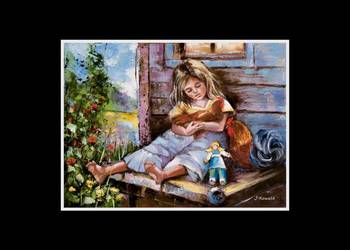 Kowalik - Lato na wsi 40x30cm Dziewczynka Kurki Kogut Kwiaty Róże