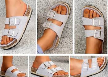 klapki typu birkenstock szare skóra zamsz klamry na korku