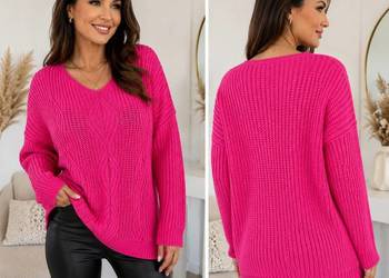 Sweter damski fuksja ażurowy romby oversize uniwersalny biust 114 cm miękki