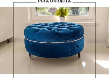 Niebieska okrągła pufa tapicerowana 80 cm