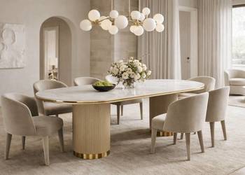 Owalny stół do jadalni salonu 180x90 z marmurem i ryflowanymi nogami