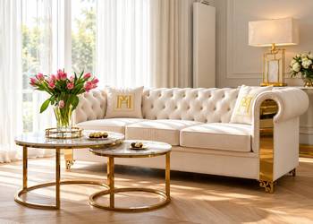 Sofa chesterfield na złotych nogach do salonu, do gabinetu