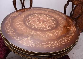 Okrągły Stół + 4 Krzesła Intarsje Styl Ludwikowski - Meble Salon Jadalnia