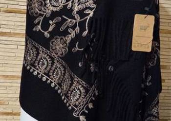 Piękny szal boho haft 50%kaszmir 50% wełna duży rozmiar 200x70 czarny brąz