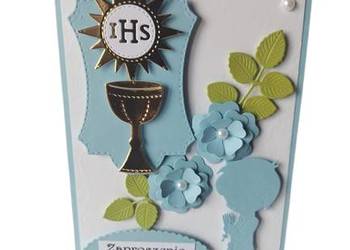 ZAPROSZENIA KOMUNIA CHŁOPIEC KIELICH SŁONECZKO RAMKA B6 BŁĘKIT - BIEL