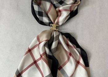 Apaszka w pepitkę beżowa 100 % jedwab silk klasyczna wiosna