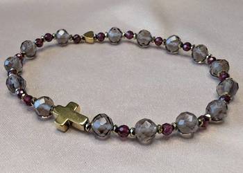 Bransoletka różaniec kamienie kwarc dymny krzyżyk serduszko prezent pamiątk