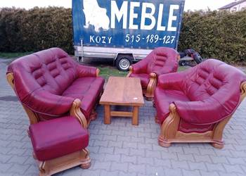 Komplet Wypoczynkowy KLER  3+2+1 i Pufa i Ława  , Dąb - Skóra Bordo