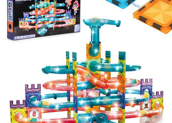 Klocki magnetyczne tor kulkowy LED klocki konstrukcyjne kulodrom 166 eleme…