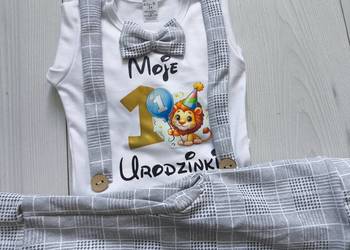 Komplet na roczek chłopiec rok szara kratka lew 1 urodziny mstylroczek.pl