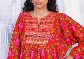 Czerwona tunika folk XL 42 bawełna kwiaty róże etno orient boho bohemian hi