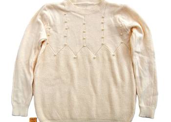 Sweter damski z wełną 34 XS ecru kremowobiały z perłami, perły