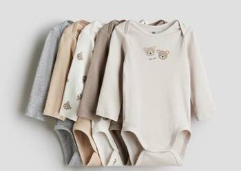 Body H&M 5 pack 56 bawełna długi rękaw białe misie brązowe beżowe