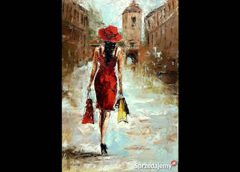 Kowalik - Po deszczu - 40x60cm Obraz Olejny Kobieta Dziewczyna Rynek Miasto